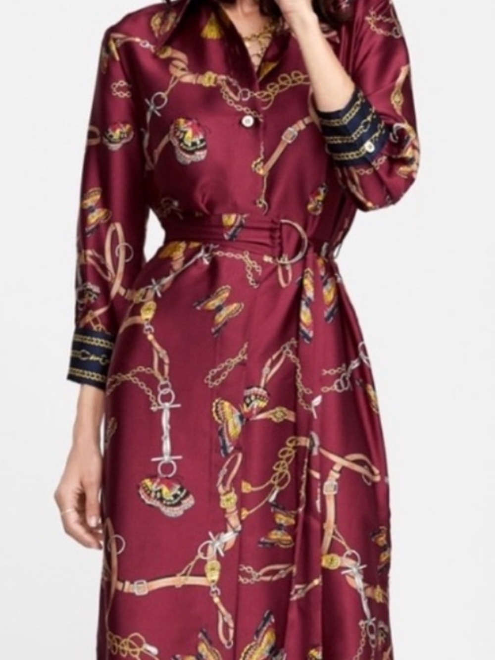 ZARA Long Sleeve Midi Dress Burgundy Chain Print Large